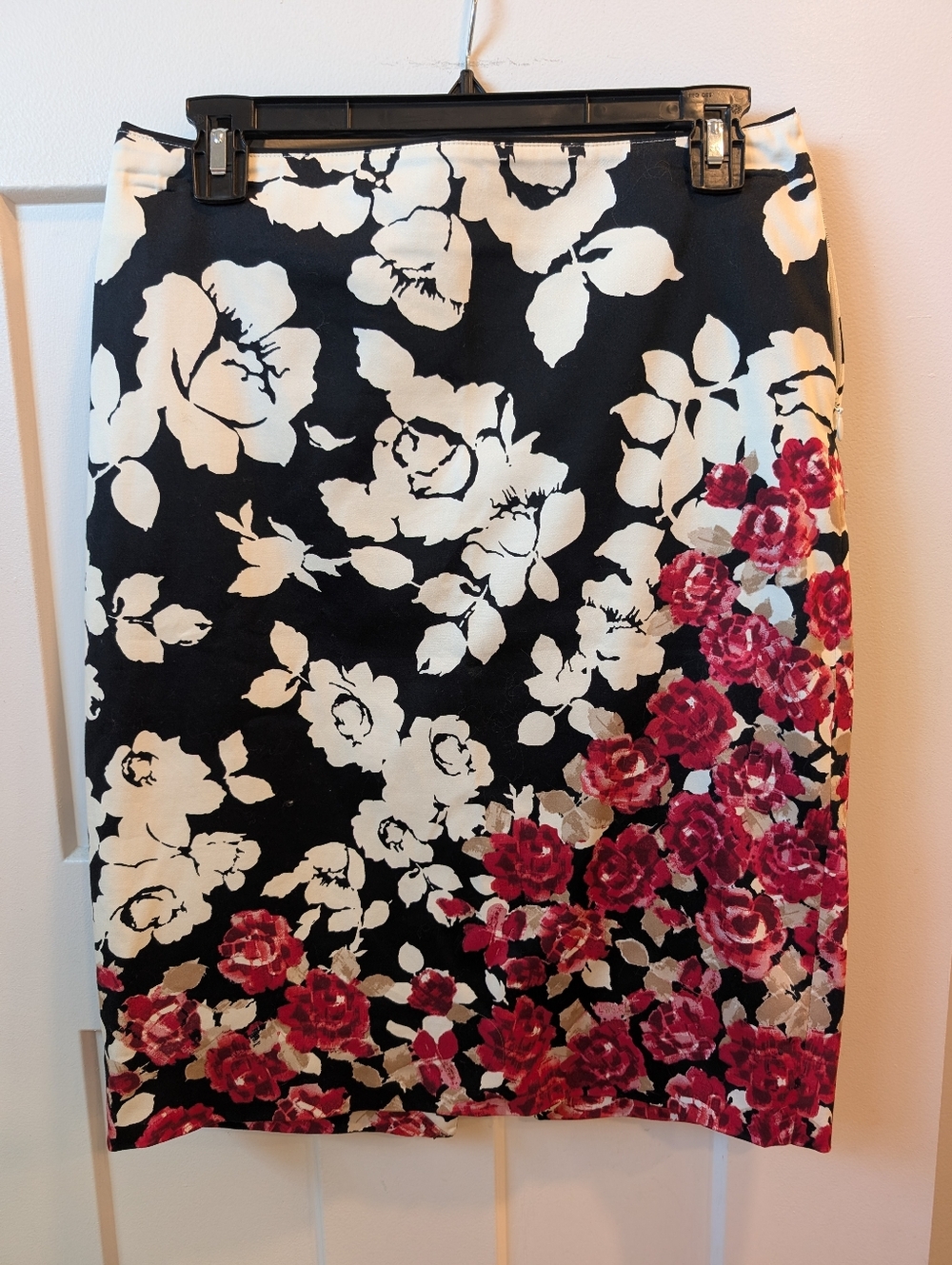 White House Black Market Black & White Pencil Skirt with Pink Floral Border
